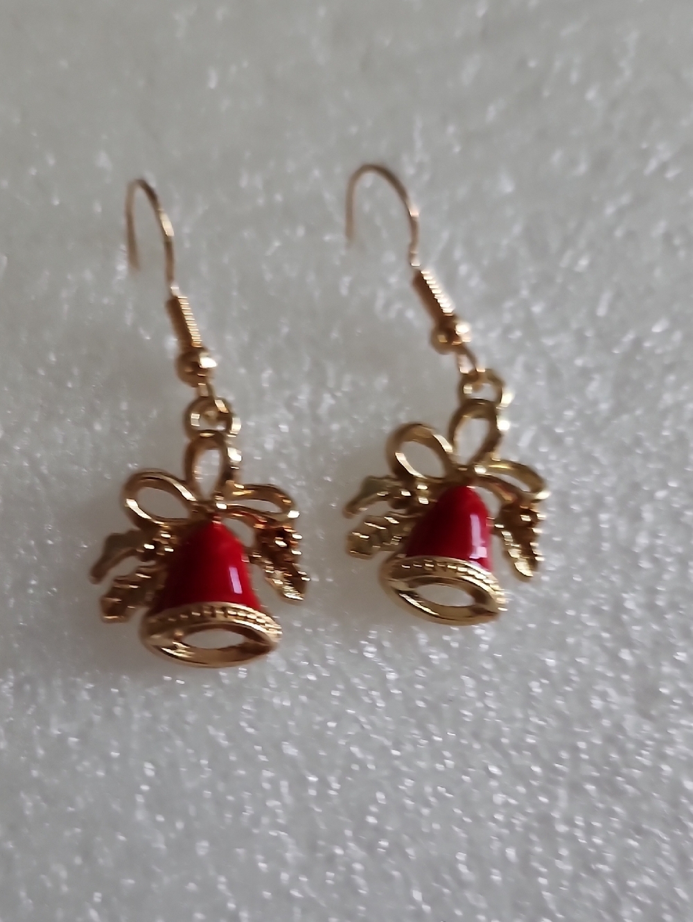Hand Crafted Gold Red Bell Dangle Earrings with Bow Accent